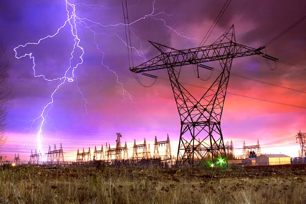 image of lightning hitting electrical line and heating cooling power surge