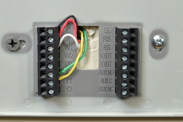 close-up of thermostat wiring
